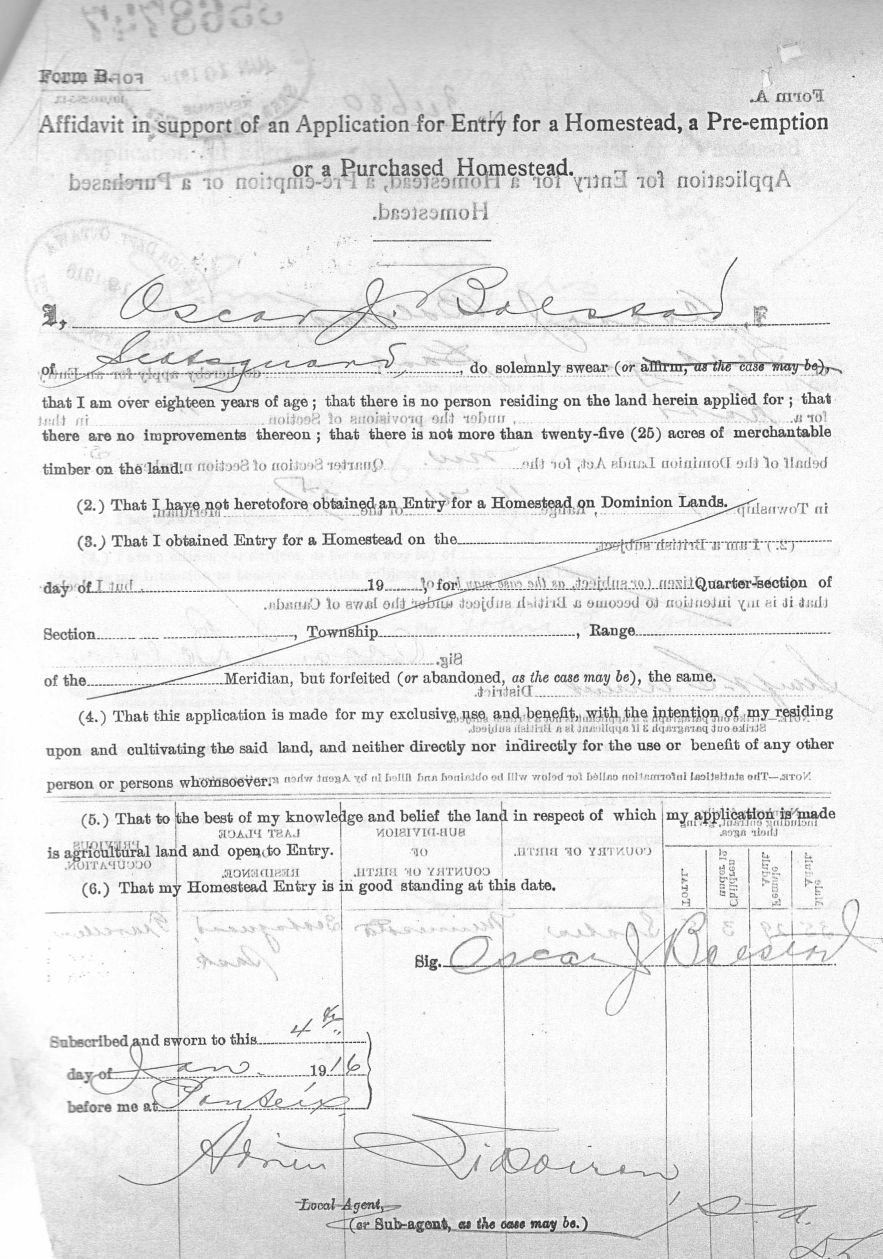 Form B Application for  a Homestead in Scotsguard Saskatchewan - Oscar J. Bolstad